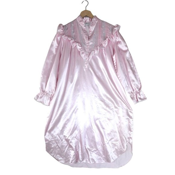 Vintage Jaclyn Smith Pink Satin Nightgown Sz M Long Sleeve Ruffle Lace Milkmaid - Picture 2 of 10